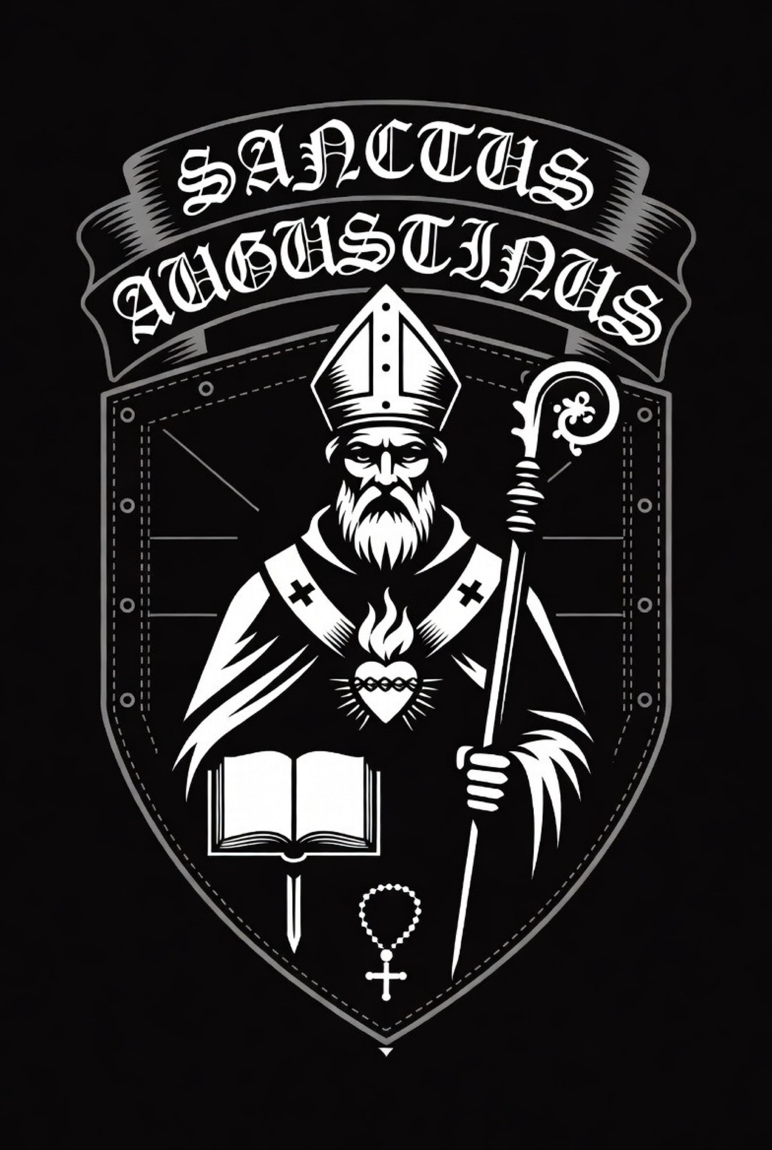 Sanctus Augustinus crest: bishop, book, flaming heart, and rosary