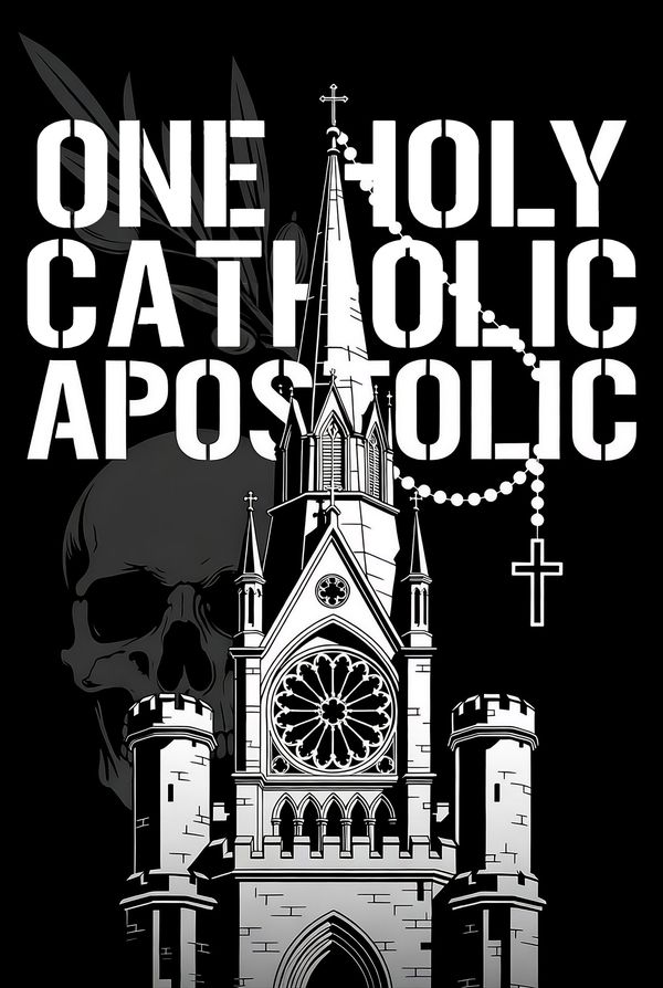 One Holy Catholic Apostolic: gothic church, rosary, and skull in the Order stencil